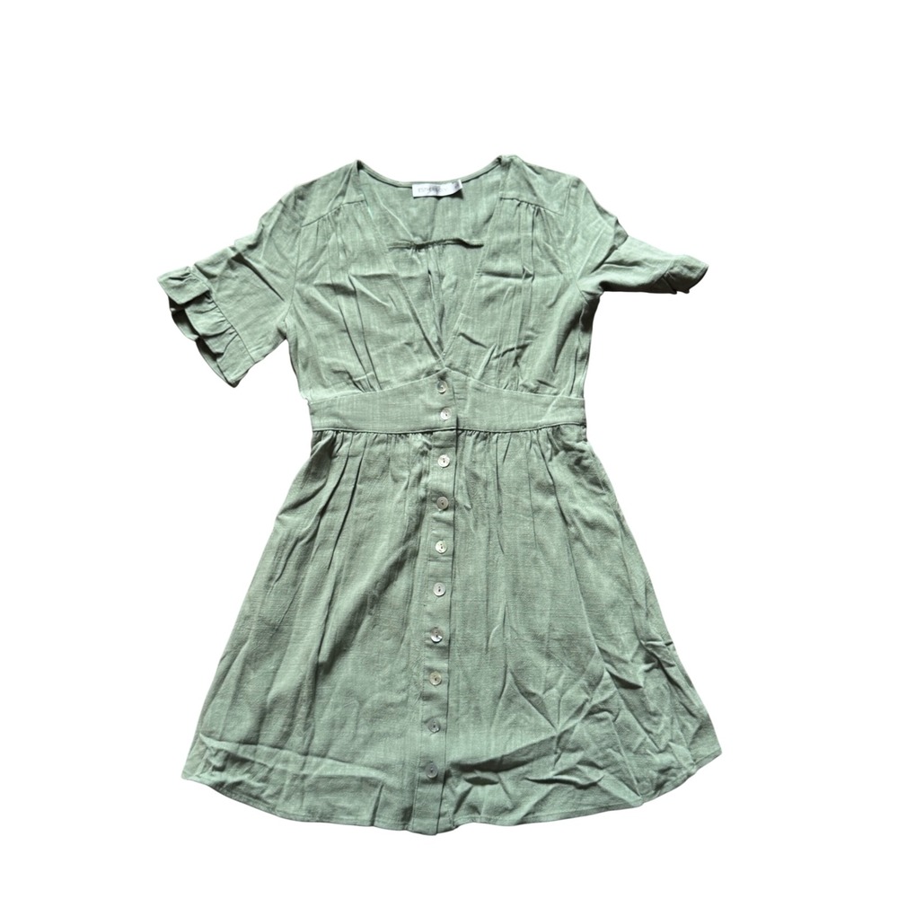 Esther & Co Womens Sage Green 100% Linen Button Down Ruffle Sleeve Mini Dress 8
